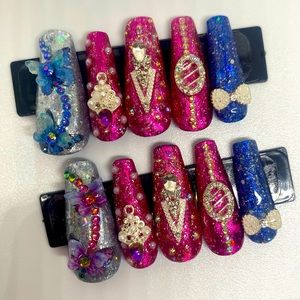 Pink, Blue, Silver Foiled Butterfly Press On Nail Set
